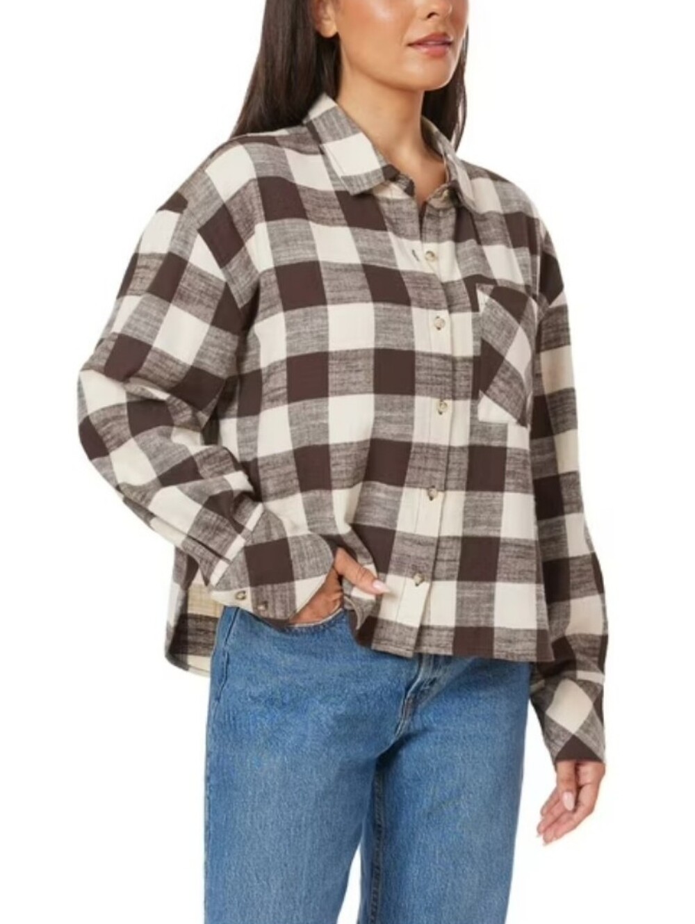 NWT Scotch & Soda Brown & Cream Check Women's Button-Up Flannel Shirt Size MED - Picture 2 of 10